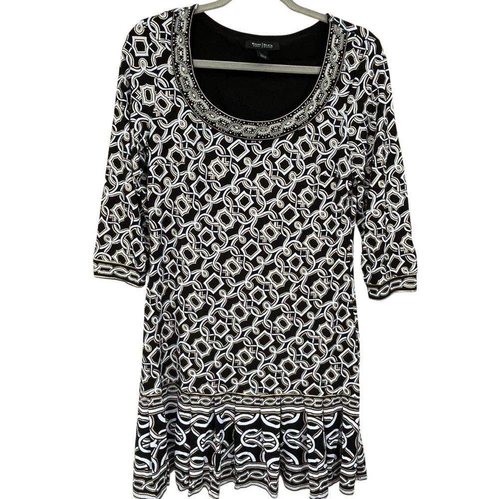 WHBM Geometric B&W Gold Metallic Print Pleated Hem Versatile Midi Dress - Sz S